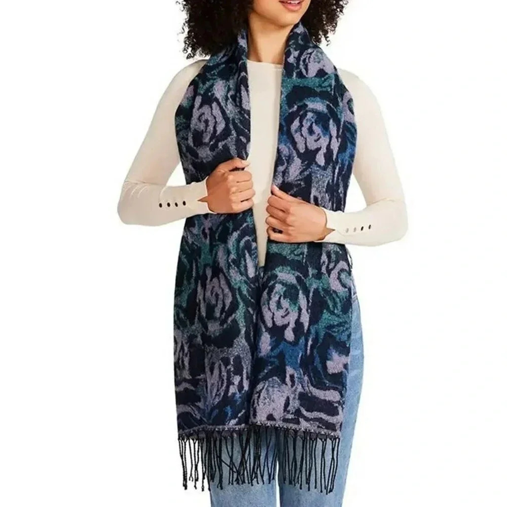 Steve Madden Rose Jacquard Scarf Blue Multi with Fringe Details (MSRP $42)